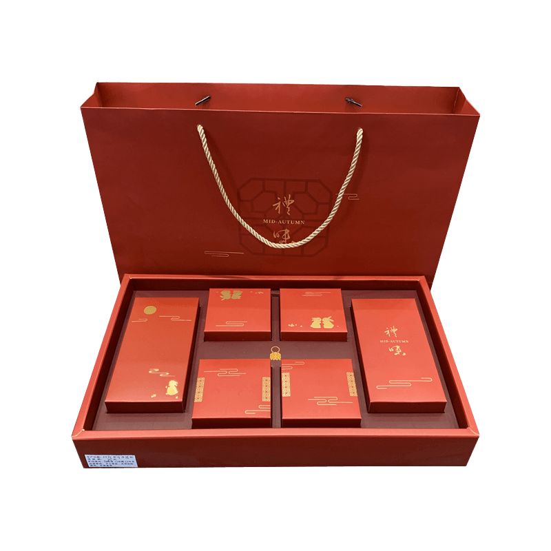 Özel Kağıt Mooncake Ambalaj Hediye Kutusu Çanta Hediye Paketleme Seti Kırmızı Sonbahar Ortası Festivali için 6 Adet